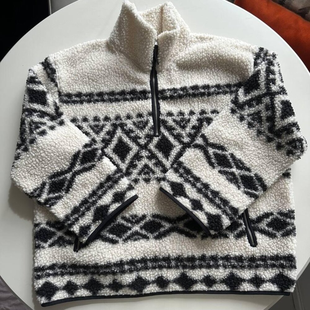 Warm Jacket Half-Zip Ivory Black Patterned - image 4